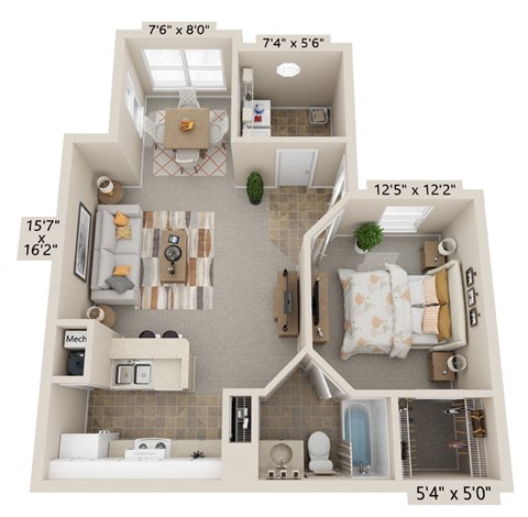 Floor plan for 1 bed, 1 bath, 709 sqft